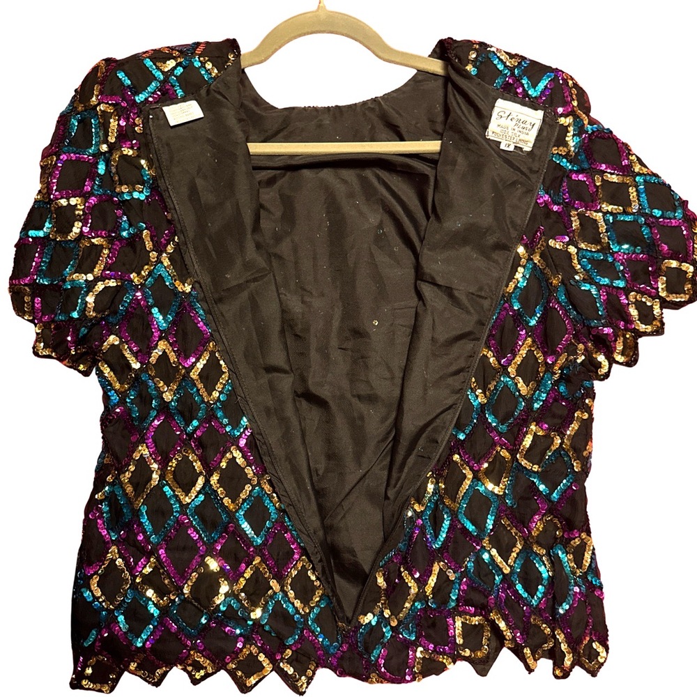 Sténay Sequin Top 1X Plus Size Multi-Color Diamond Pattern Glam Festive - Picture 3 of 4